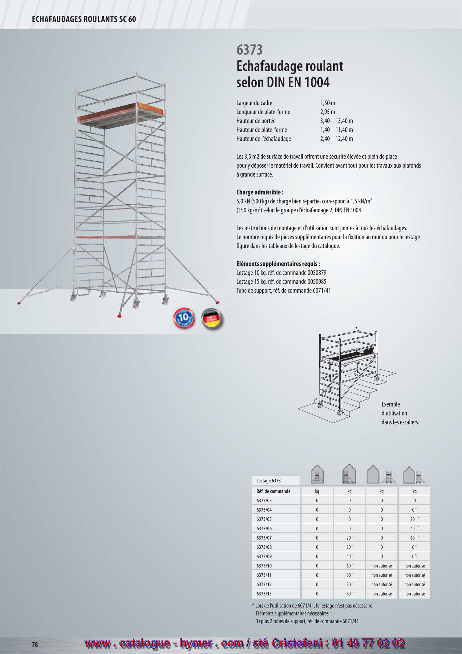 Échafaudage roulant selon la norme DIN EN 1004 
      6373 
Largeur du cadre 1,50 m 
Longueur de la plate-forme 2,95 m 
Hauteur de portée 3,40 – 13,40 m / 5,60 – 13,60 m 
Hauteur de la plate-forme 1,40 – 11,40 m / 3,60 – 11,60 m 
Hauteur de l‘échafaudage 2,40 – 12,40 m / 4,60 – 12,60 m 
Les 3,5 m2 de surface de travail offrent une sécurité élevée et suffisamment de 
place pour y déposer le matériel de travail. Convient avant tout pour les travaux aux 
plafonds à grande surface. 
Charge admissible : 
Une charge répartie de 5,0 kN (500 kg) correspond à 1,5 kN/m2 
(150 kg/m2) conformément au groupe d‘échafaudage 2, DIN EN 1004. 
Les instructions de montage et d’utilisation sont jointes à tous les échafaudages. Le nombre 
requis de pièces supplémentaires pour la fixation au mur ou pour le lestage figure dans les 
tableaux de lestage du catalogue. 
Éléments supplémentaires requis : 
Lest 10 kg, Réf. de commande 0050879 
Lest 15 kg, Réf. de commande 0050985 
Tube de support, Réf. de commande 6071/41 
Traverse latérale, Réf. de commande 6071/43 
Stabilisateur, Réf. de commande 6371/36 Exemple 
d‘utilisation 
dans les escaliers. 


non autorisé 